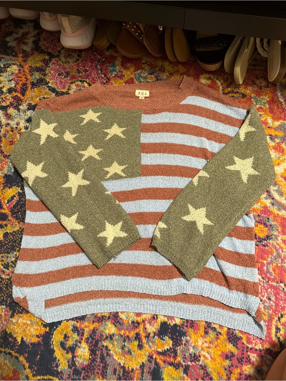 POL Stars & Stripes Knit Sweater - Olive, Rust & Light Blue